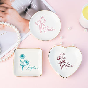 Personalised Birth Flower Ring Dish, Custom Colorful Floral Jewelry Dish, Name Trinket Dish, Wedding Bridesmaid Gift, Birthday Gift for Her, Mother's Day Gift