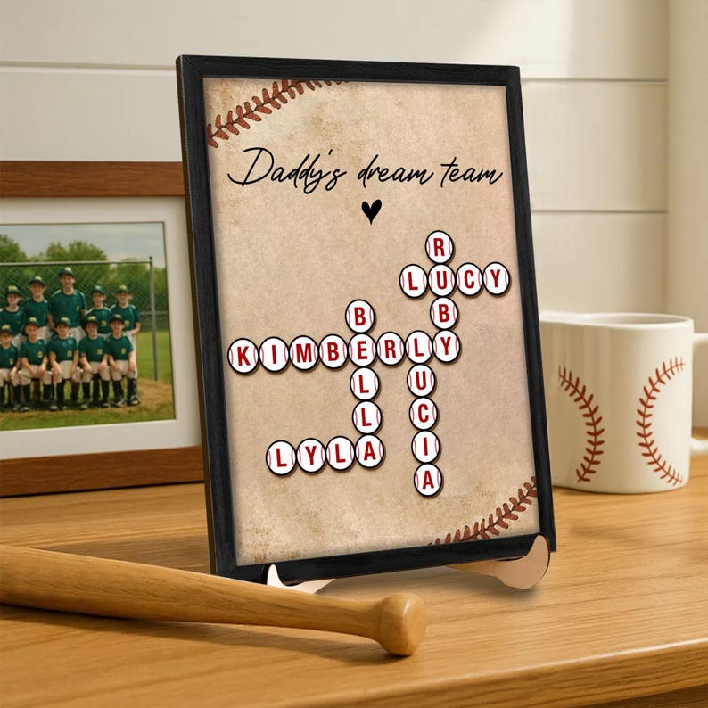 Personalized Father s Day Gift Daddy's Dream Team Throwing Ball, Custom Kid's Name Crossword, Baseball Fathers Day Present, Father Day Gift