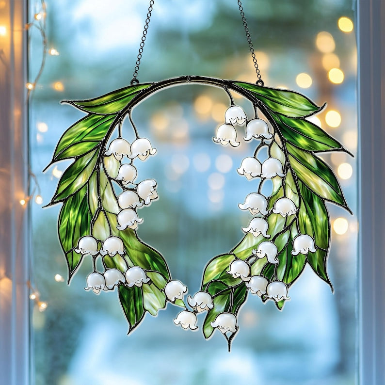 Lily of the Valley Acrylic Suncatcher Faux Stained Glass Floral Window Hanging with Green Leaves and White Blooms, Cottagecore Home Decor