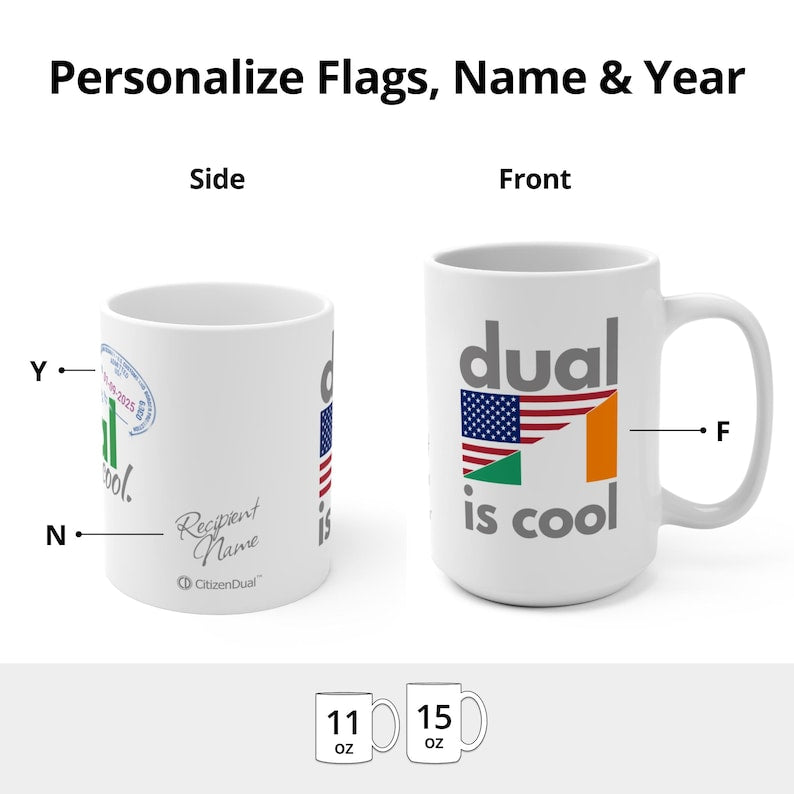 US Citizenship Gift Mug, Dual Citizenship, New American Citizen Mug, New American US Citizen Personalized Gift; Mug Split-Flag 1 US