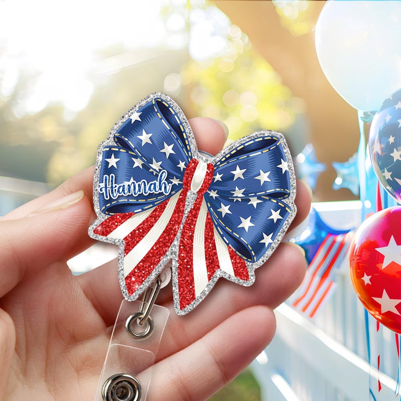 Custom American Bow Badge Reel, Faux Glitter USA Bow Badge Reel, 4th July Bagde Reel, American Flag Gift, Nurse Badge Reel, Gift For Nurse