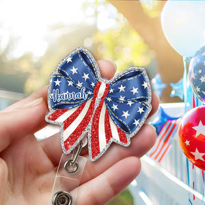 Custom American Bow Badge Reel, Faux Glitter USA Bow Badge Reel, 4th July Bagde Reel, American Flag Gift, Nurse Badge Reel, Gift For Nurse