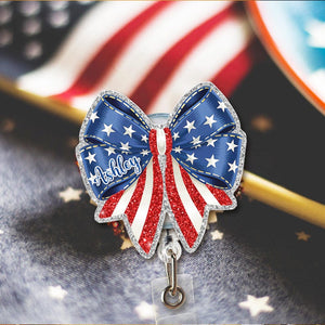 Custom American Bow Badge Reel, Faux Glitter USA Bow Badge Reel, 4th July Bagde Reel, American Flag Gift, Nurse Badge Reel, Gift For Nurse