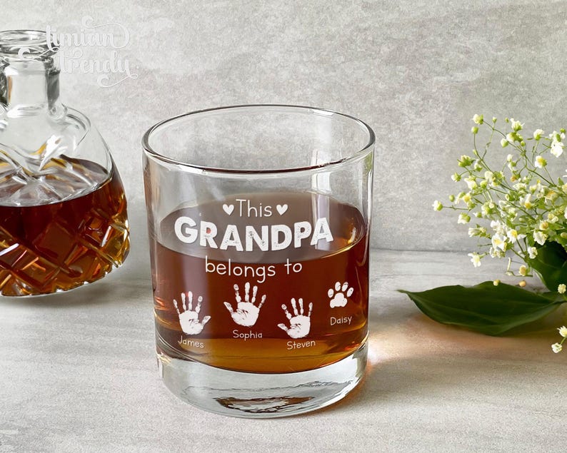 This Grandpa Belongs To Whiskey Glass, Custom Kids Name Whiskey Glass For Grandpa, Custom Gift For Dad, Father's Day Gifts, Grandpa Cup