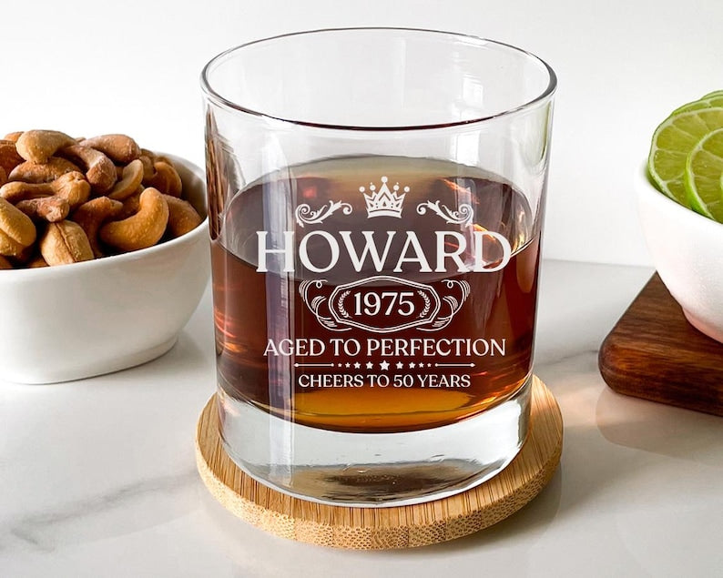 Personalized Cheers to 50 Years laser-engraved Whiskey Rocks Glass, Custom Bourbon Gift For Men, 50th Birthday, Aged to Perfection.