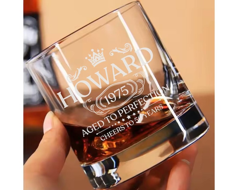 Personalized Cheers to 50 Years laser-engraved Whiskey Rocks Glass, Custom Bourbon Gift For Men, 50th Birthday, Aged to Perfection.