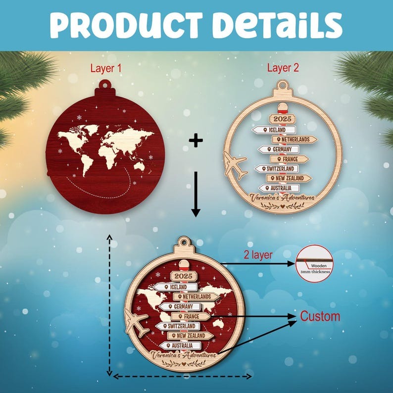 Personalized Travel Adventure Ornament, Custom Traveling Destination Ornament, Couple Traveling Destination, Travel Gift, Christmas Gift