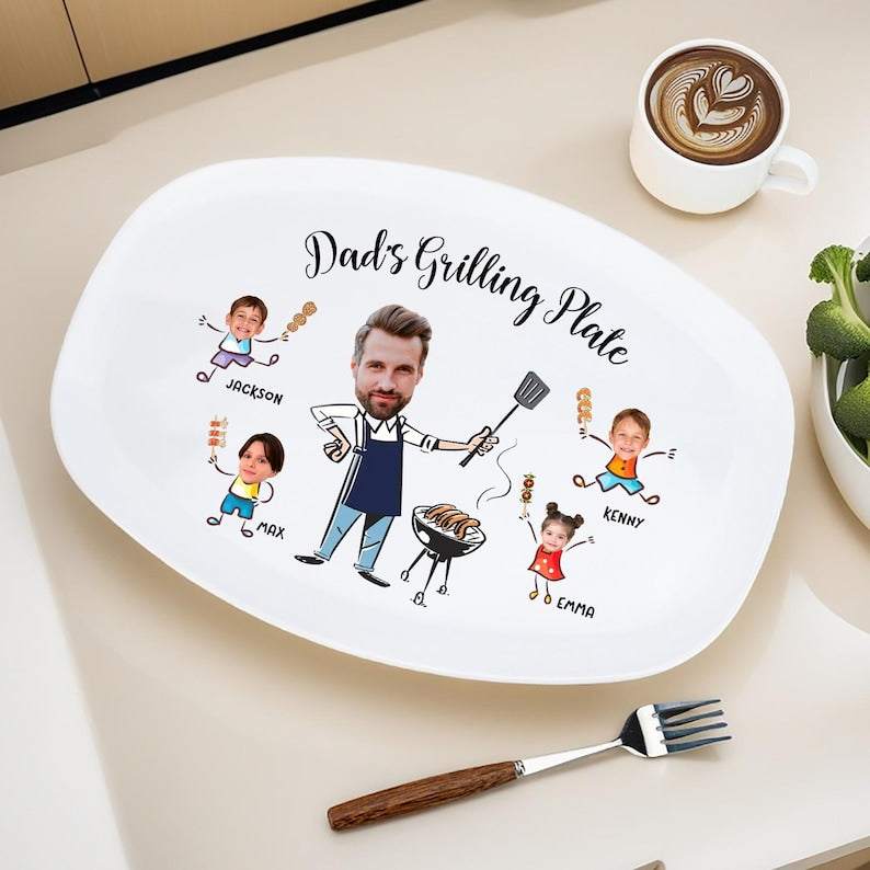 Personalized Daddy's Grilling Plate with Kid's Photos and Names, Custom Gift for Dad, Grandpa, Memorable Keepsake, Father's Day Gift