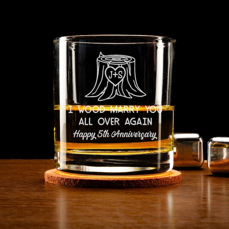 Custom 5th Anniversary Whiskey Glass - Personalized Wood Anniversary Gift for Him, I Wood Marry You Again