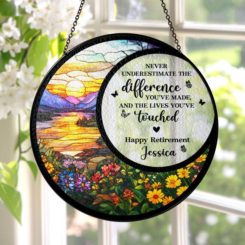 Stained Glass Retirement Suncatcher Personalized Floral Retirement Window Decor, Colleague Retirement Keepsake, Retirement Gift For Coworker