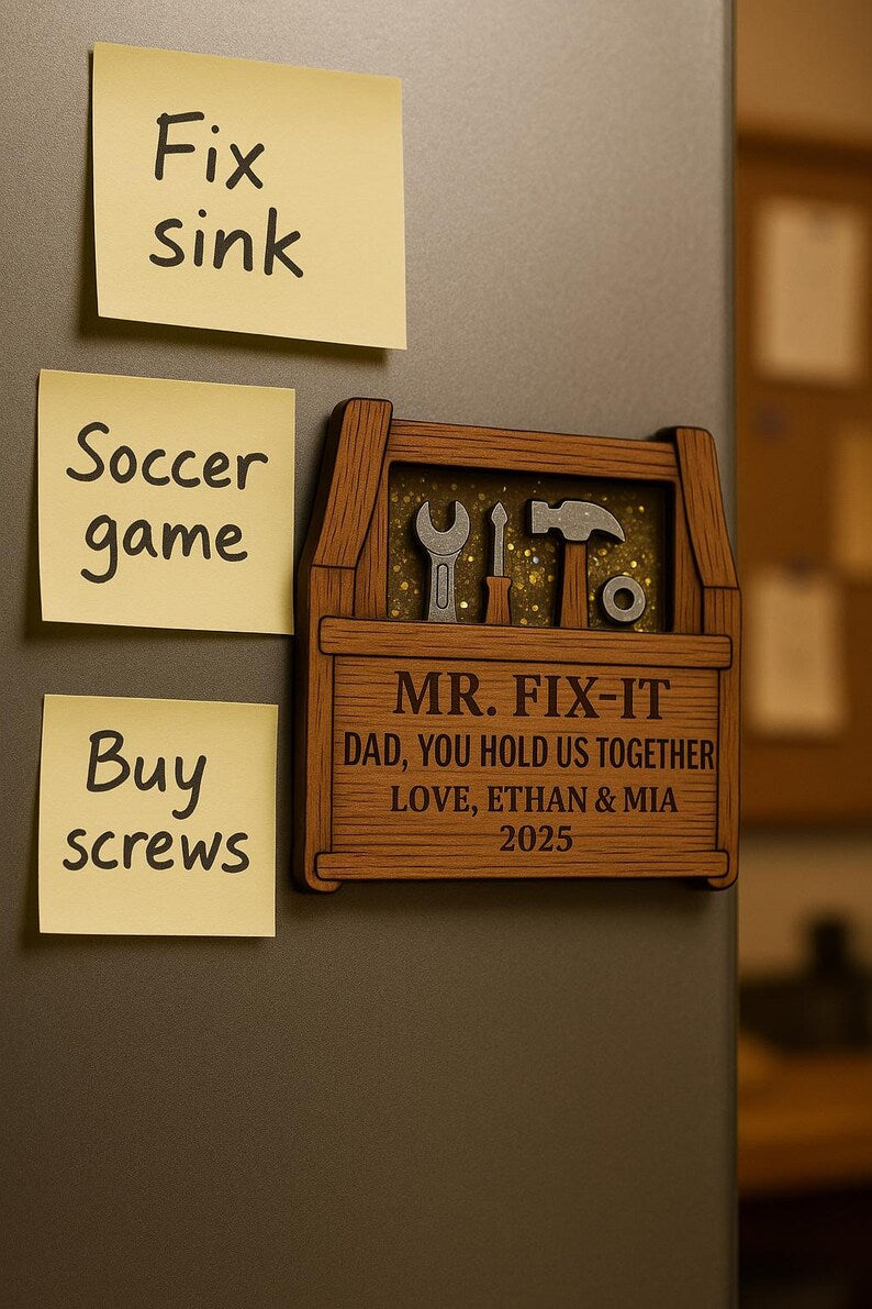 Mr. Fix-It Dad Wooden Magnet Personalized Father s Day Gift with Toolbox Design for Handy Dads and DIY Lovers