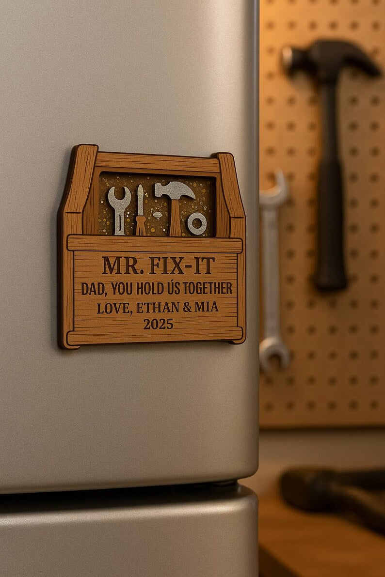 Mr. Fix-It Dad Wooden Magnet Personalized Father s Day Gift with Toolbox Design for Handy Dads and DIY Lovers