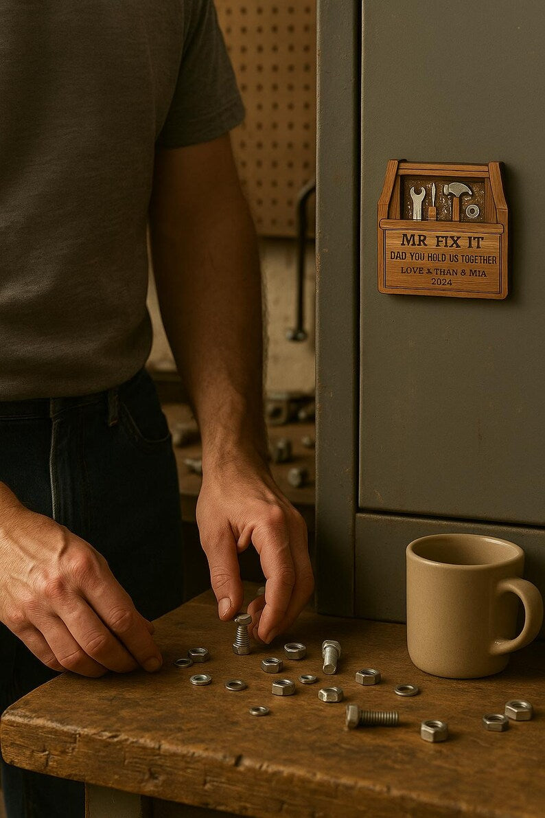 Mr. Fix-It Dad Wooden Magnet Personalized Father s Day Gift with Toolbox Design for Handy Dads and DIY Lovers