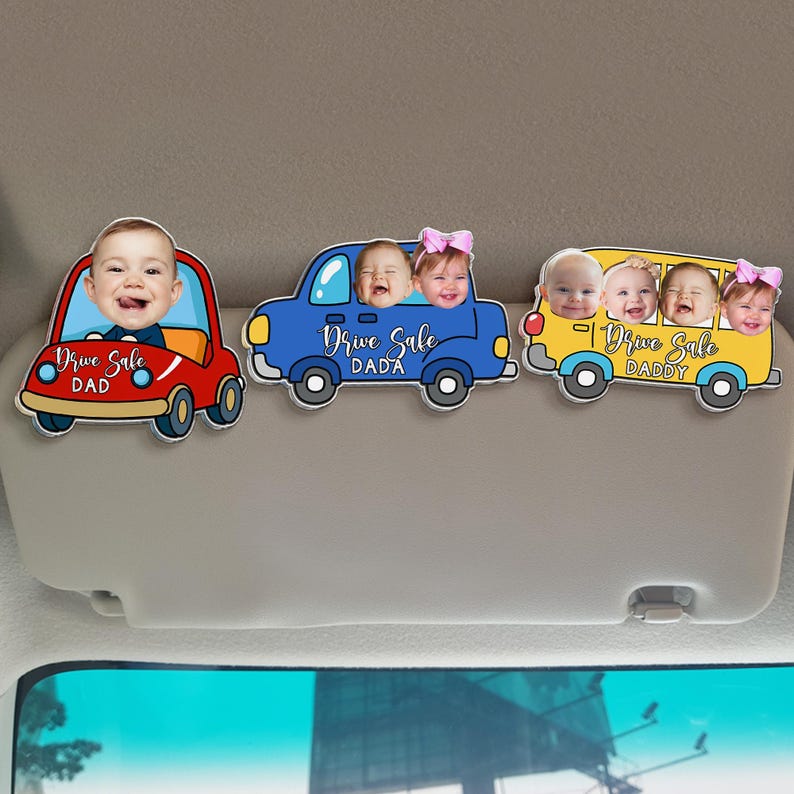 Personalized Father's Day Gift For Dad, Custom Kids Photo Sun Visor Clip, Drive Safe Dad Gift, Baby Face Drive Car Visor Clip, Gift For Papa