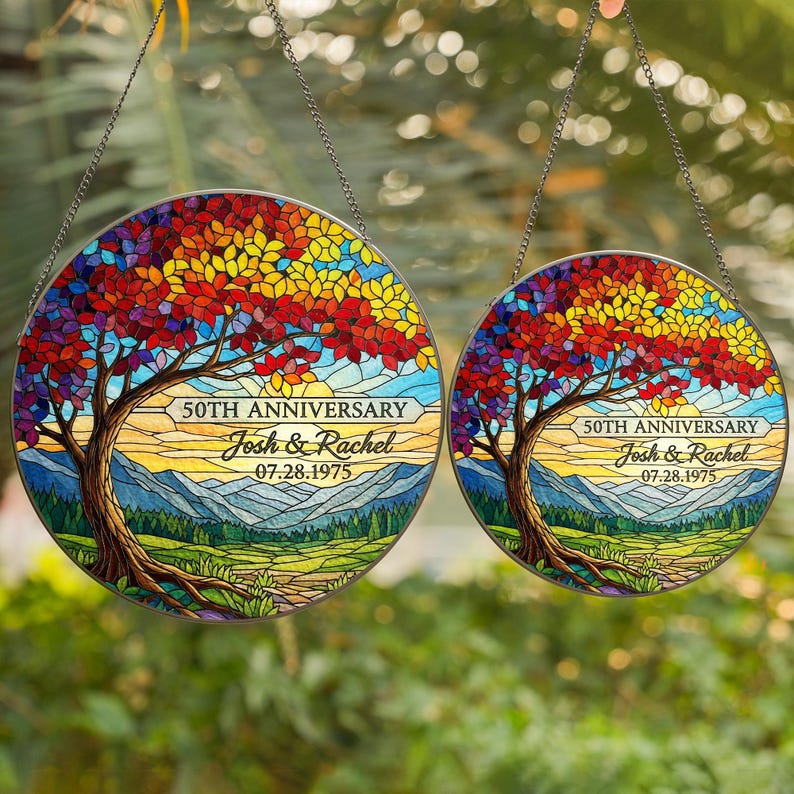 Personalized Tree Glass Suncatcher, 50th Anniversary Gift, Custom Glass Art, Stained Glass Window Decor, Family Tree Keepsake