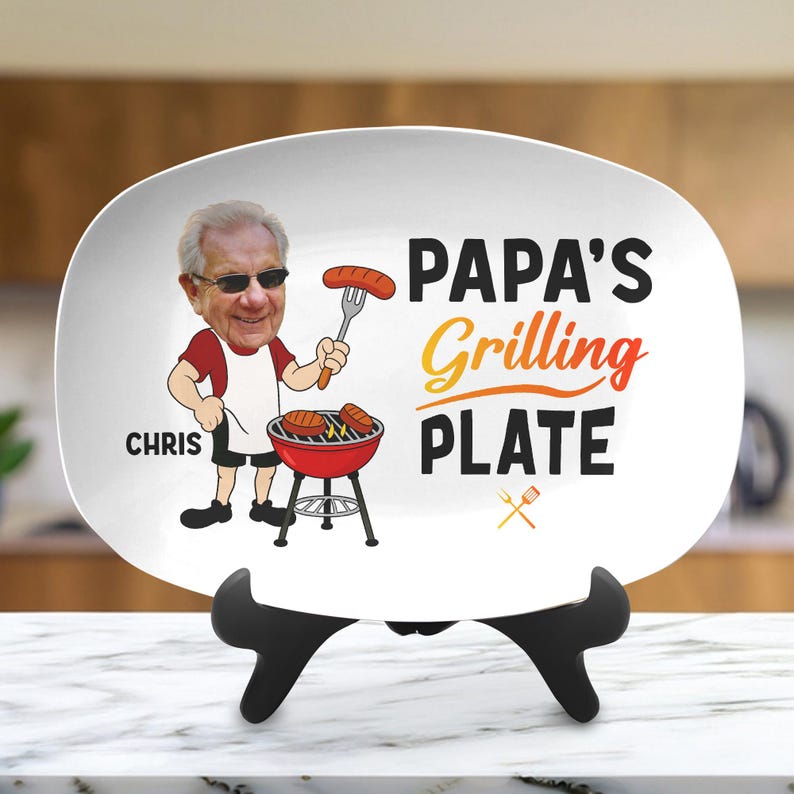 Custom Photo Papa's Grilling Plate, Personalized Grandpa Platter, Fathers Day Gift, Funny Dad Gift, Personalized Platter With Photo & Name