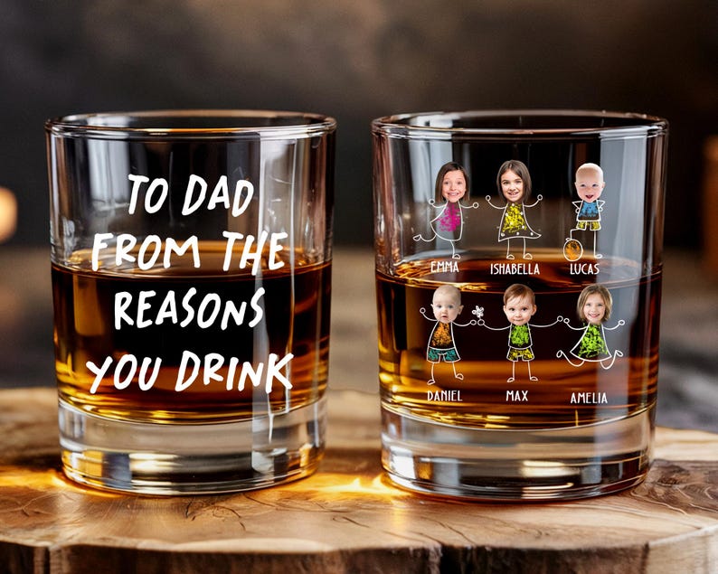 Personalized Fathers Day Gifts From Kids, To Dad From The Reasons You Drink Whiskey Glass, Custom Face Kids Whiskey Glass,Funny Gift For Dad