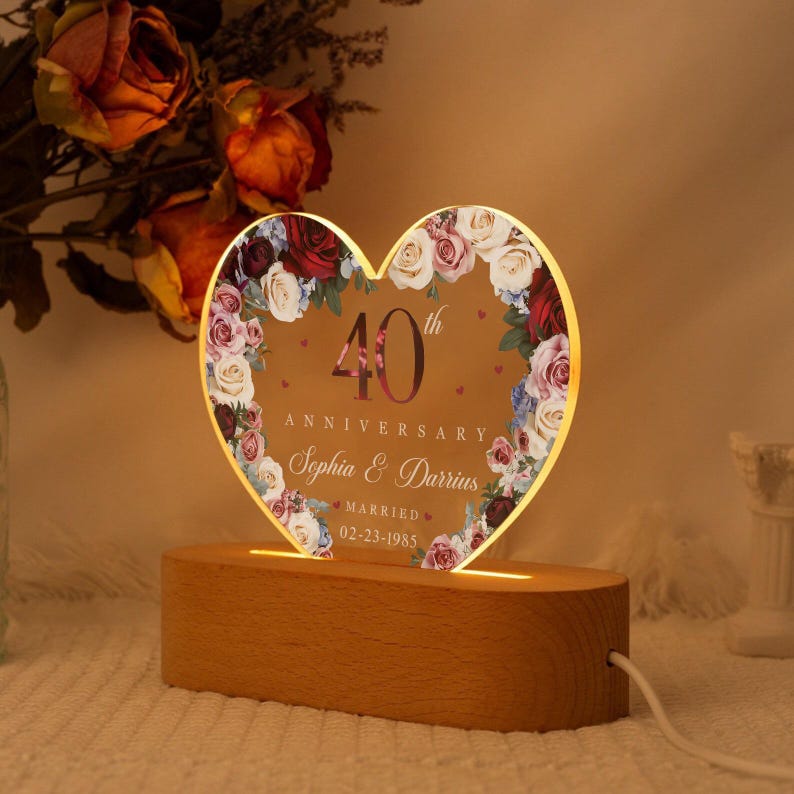 Custom 40th Anniversary 3D LED light, Ruby Wedding Gift, 40th Anniversary Gift For Parents, 40th Wedding Anniversary Gift Wedding Gifts