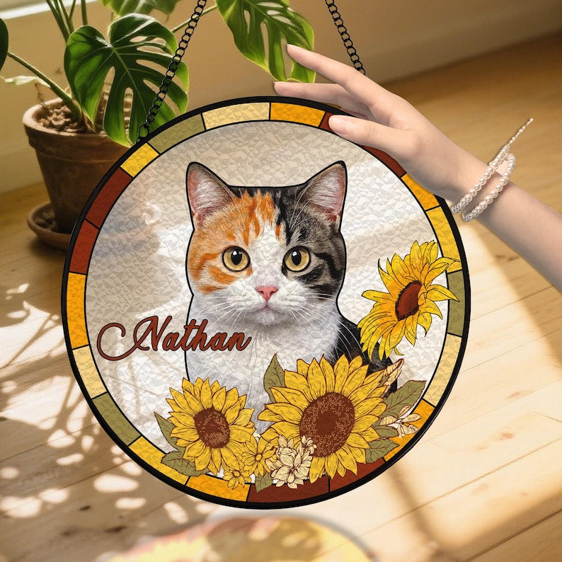 Custom Pet Portrait Stained Glass Suncatcher, Stained Glass cat Memorial, Custom cat Portrait from Photo, Stained glass cat, pet loss gifts