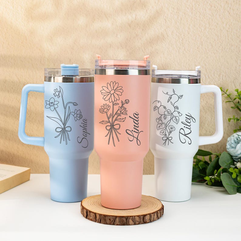 Personalized Birth Flower Tumbler With Handle,Custom Floral Tumbler With Name,Bridesmaid Gift For Her,Wedding Gift,Birth Flower Gift