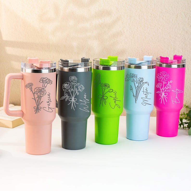 Personalized Birth Flower Tumbler With Handle,Custom Floral Tumbler With Name,Bridesmaid Gift For Her,Wedding Gift,Birth Flower Gift