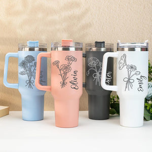 Personalized Birth Flower Tumbler With Handle,Custom Floral Tumbler With Name,Bridesmaid Gift For Her,Wedding Gift,Birth Flower Gift