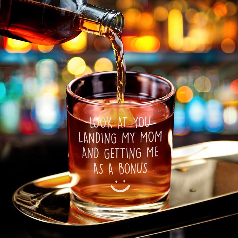 Look At You Landing Our Mom And Getting Us As A Bonus Whiskey Glass,Funny Step Dad Fathers Day Gift,Special Gift Idea For Bonus Dad,Dad Gift