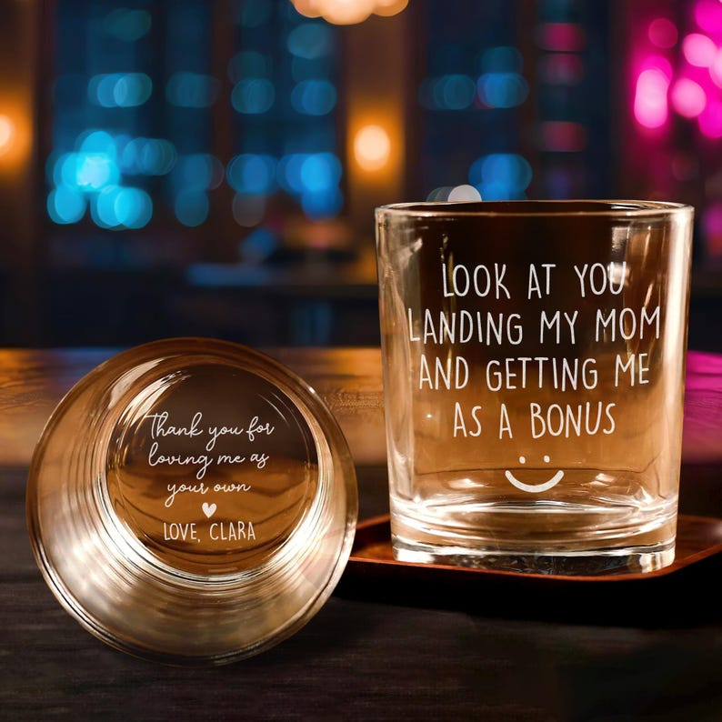Look At You Landing Our Mom And Getting Us As A Bonus Whiskey Glass,Funny Step Dad Fathers Day Gift,Special Gift Idea For Bonus Dad,Dad Gift