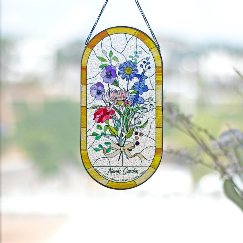 Family Birth Flower Bouquet Birth Month Flowers Personalized Stained Glass Window Hangings Personalized Birth Flower Gift Mothers Day Gift
