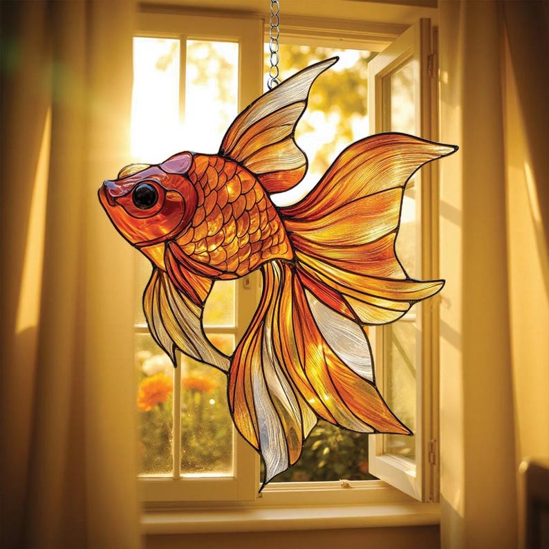 Acrylic Goldfish Window Suncatcher, Faux Stained Glass Fish Decor for Mom, Summer Kitchen, Garden Decor, Marine Accent Home Decor