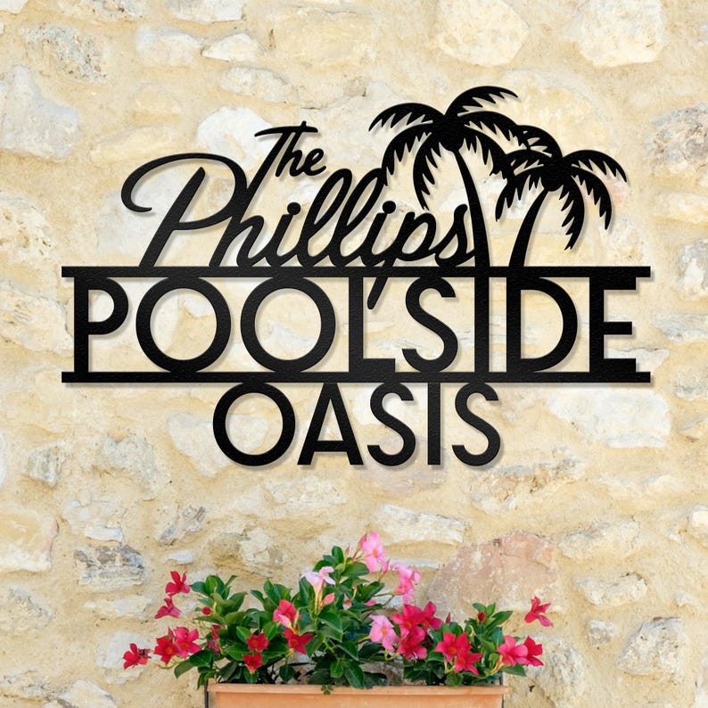 Personalized Palm Tree Oasis Metal Sign, Outdoor Patio Decor, Oasis Poolside Decor, Tropical Pool Bar Home Decor, Housewarming Gift