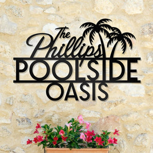 Personalized Palm Tree Oasis Metal Sign, Outdoor Patio Decor, Oasis Poolside Decor, Tropical Pool Bar Home Decor, Housewarming Gift