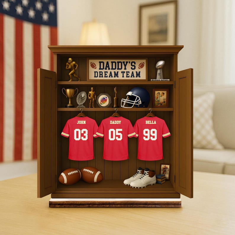 Personalized Daddy's Dream Team Football Jersey 3-Layered Wooden Plaque, Father's Day Gifts For Sports Dad, Grandpa, Custom Names Sign
