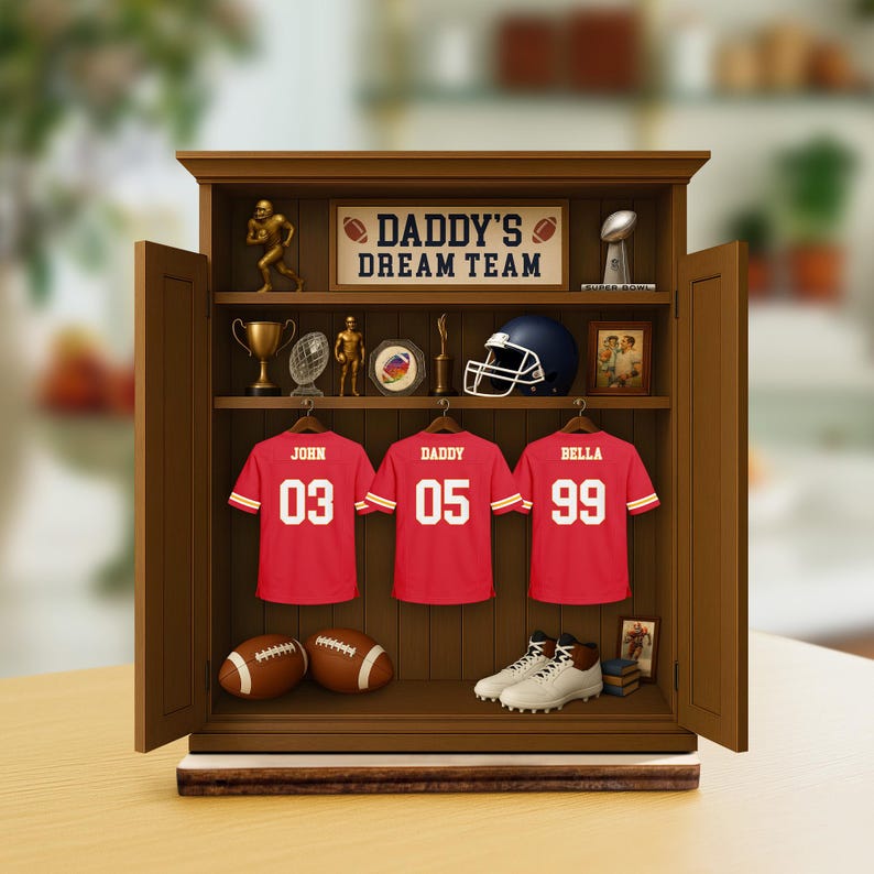 Personalized Daddy's Dream Team Football Jersey 3-Layered Wooden Plaque, Father's Day Gifts For Sports Dad, Grandpa, Custom Names Sign