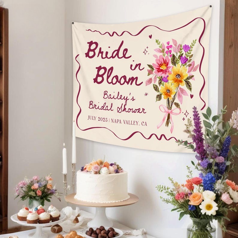 Bride In Bloom Bachelorette Tapestry,Custom Garden Bachelorette Banner Decor,Bachelorette Weekend Backdrop,Wildflower Bridal Shower Tapestry
