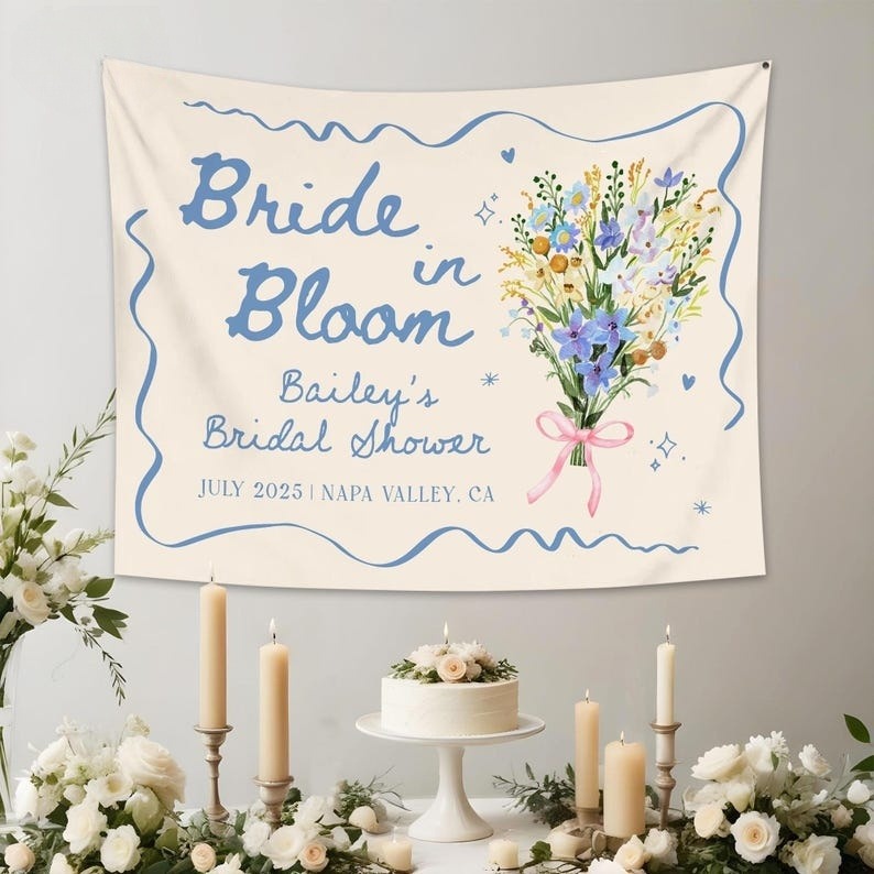 Bride In Bloom Bachelorette Tapestry,Custom Garden Bachelorette Banner Decor,Bachelorette Weekend Backdrop,Wildflower Bridal Shower Tapestry