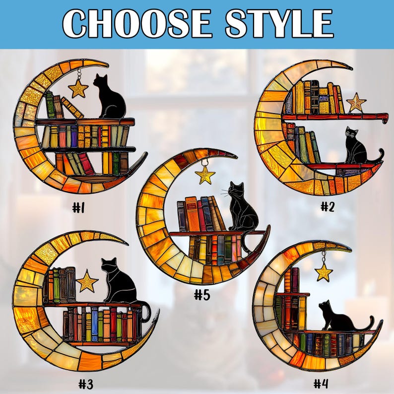Cat Reading on the Moon Faux Stained Glass Suncatcher, Acrylic Cat Book Lover Window Hanging, Librarian Gift for Home Decor