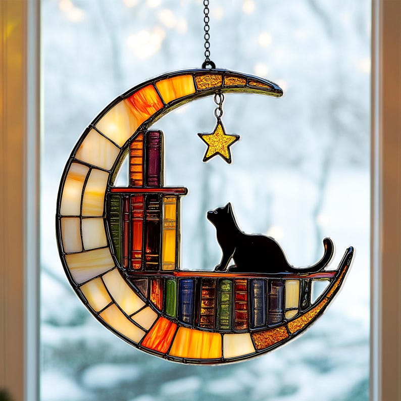 Cat Reading on the Moon Faux Stained Glass Suncatcher, Acrylic Cat Book Lover Window Hanging, Librarian Gift for Home Decor