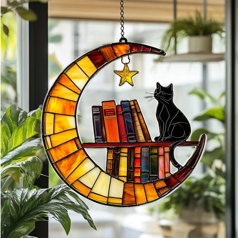 Cat Reading on the Moon Faux Stained Glass Suncatcher, Acrylic Cat Book Lover Window Hanging, Librarian Gift for Home Decor