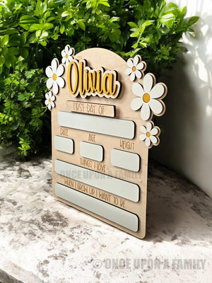 Personalized First Day of School Board, Daisy Name Sign, Photo Prop