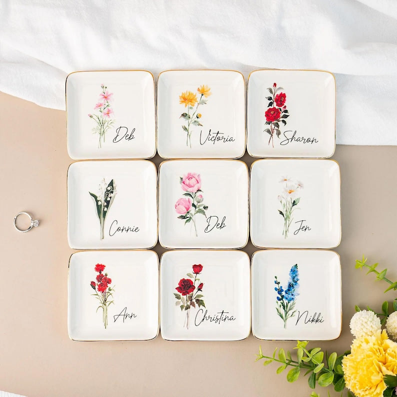 Personalised Birth Flower Trinket Dish, Custom Watercolor Flower Ring Dish, Birthday Jewelry Dish, Wedding Bridesmaid Gift, Christmas Gifts