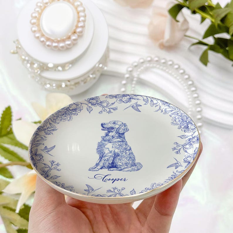 Dog Custom Breeds Chinoiserie Toile De Jouy - Personalized Jewelry Dish, Dog Lover Gift, Dog Jewelry Dish, Dog Dad Dog Mom Trinket Dish