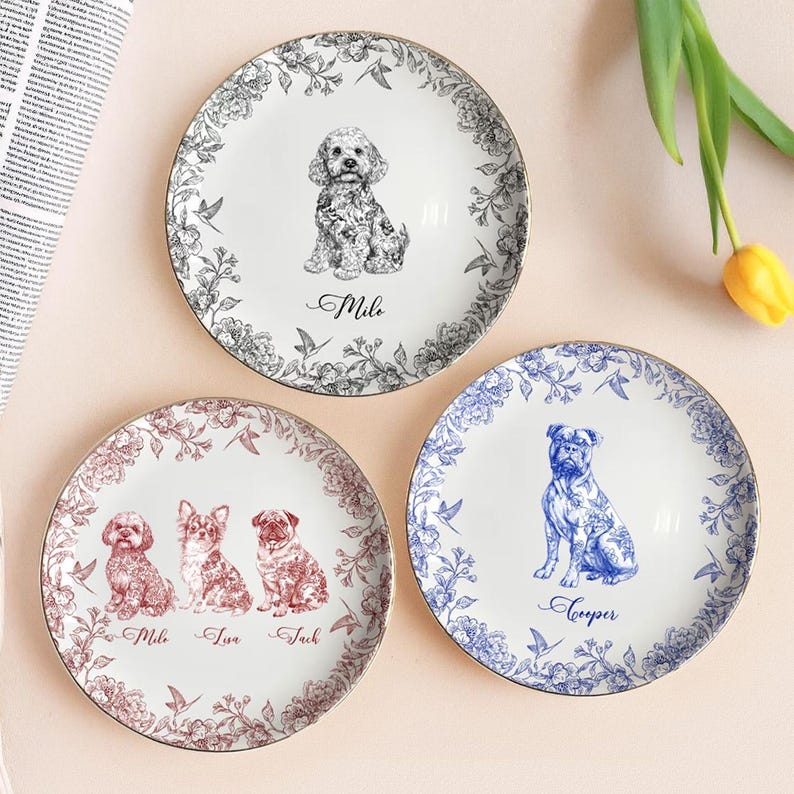Dog Custom Breeds Chinoiserie Toile De Jouy - Personalized Jewelry Dish, Dog Lover Gift, Dog Jewelry Dish, Dog Dad Dog Mom Trinket Dish