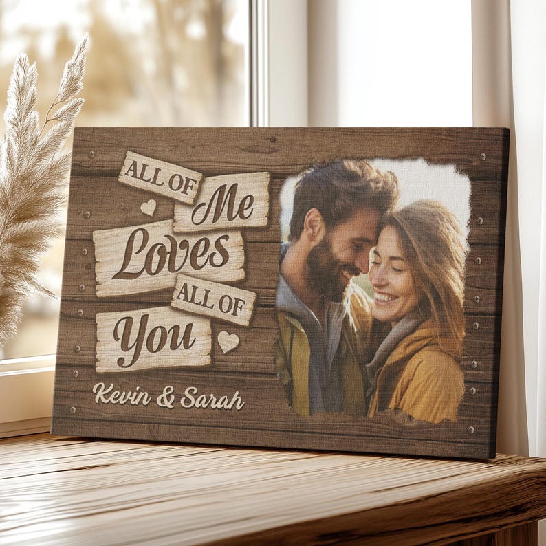 Custom Wooden Couple Photo Canvas, Personalized Anniversary Gift with Names and Photo, Romantic Home Decor, Unique Wedding Keepsake