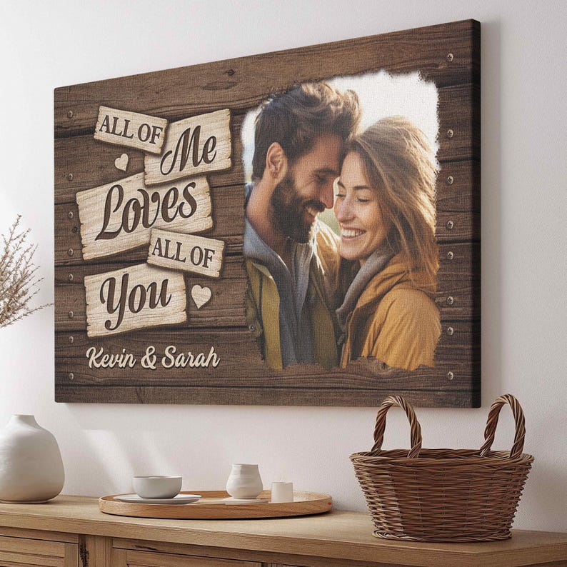 Custom Wooden Couple Photo Canvas, Personalized Anniversary Gift with Names and Photo, Romantic Home Decor, Unique Wedding Keepsake