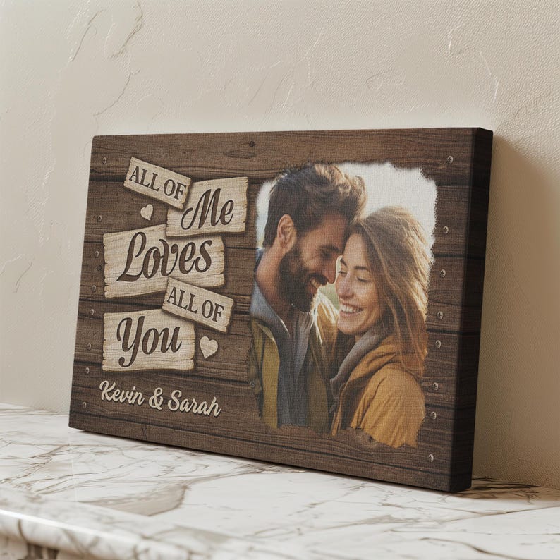 Custom Wooden Couple Photo Canvas, Personalized Anniversary Gift with Names and Photo, Romantic Home Decor, Unique Wedding Keepsake