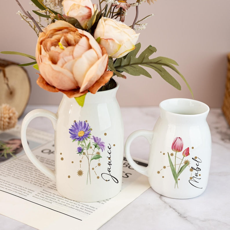 Personalized Birth Flower Vase,Zodiac Sign Vase,Flower Vase with Constellation Sign,Birthday Gift,Mini Ceramic Vase,Home Decor,Gift for Her