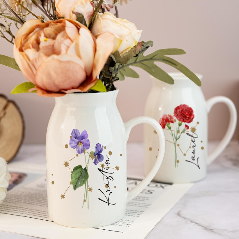 Personalized Birth Flower Vase,Zodiac Sign Vase,Flower Vase with Constellation Sign,Birthday Gift,Mini Ceramic Vase,Home Decor,Gift for Her