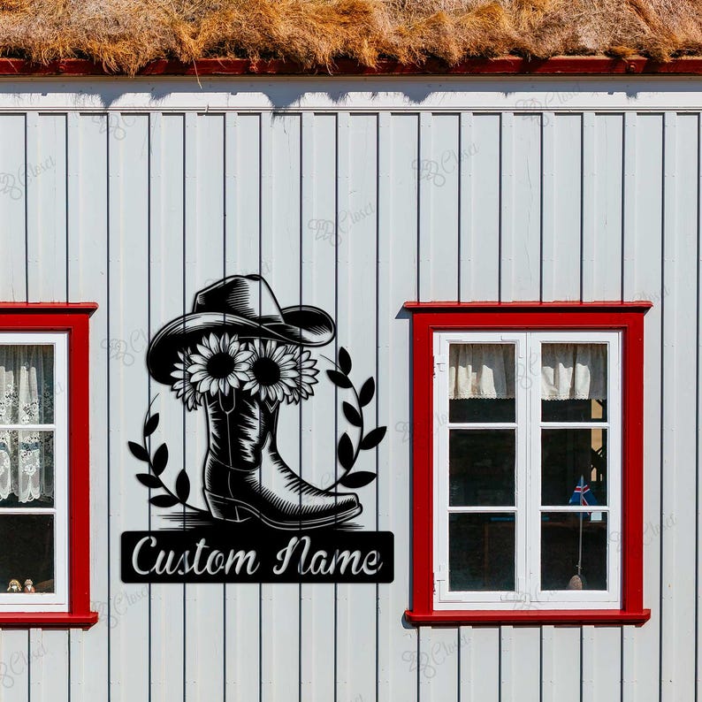 Custom Cowboy Boot Sign,Sunflower Cowgirl Sign,Sunflower Cowboy Metal Wall Art,Cowboy Name Sign