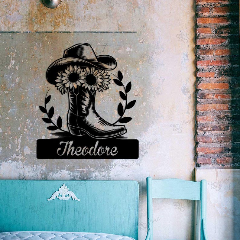 Custom Cowboy Boot Sign,Sunflower Cowgirl Sign,Sunflower Cowboy Metal Wall Art,Cowboy Name Sign